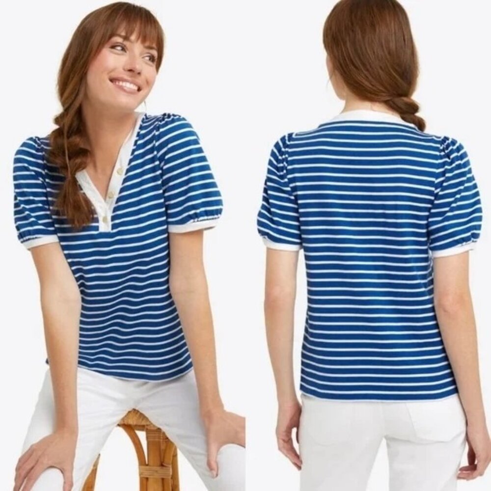 Draper James Henley Top Striped Blue White Puff Sleeve XXL Preppy Nautical